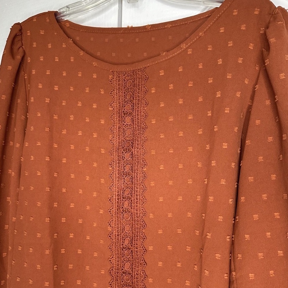 Shein French Lampshade Raised Dot Blouse in rust orange Large Lace Trim - Picture 3 of 7